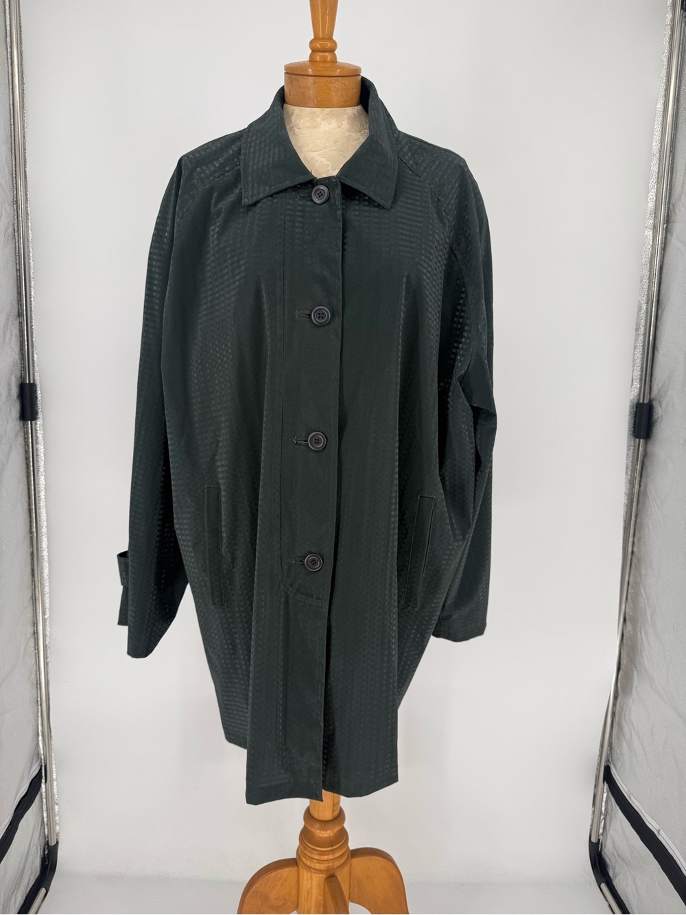 Vintage Dark Green Boxy Button-Up Coat w/ Subtle Shine & Texture size 2X